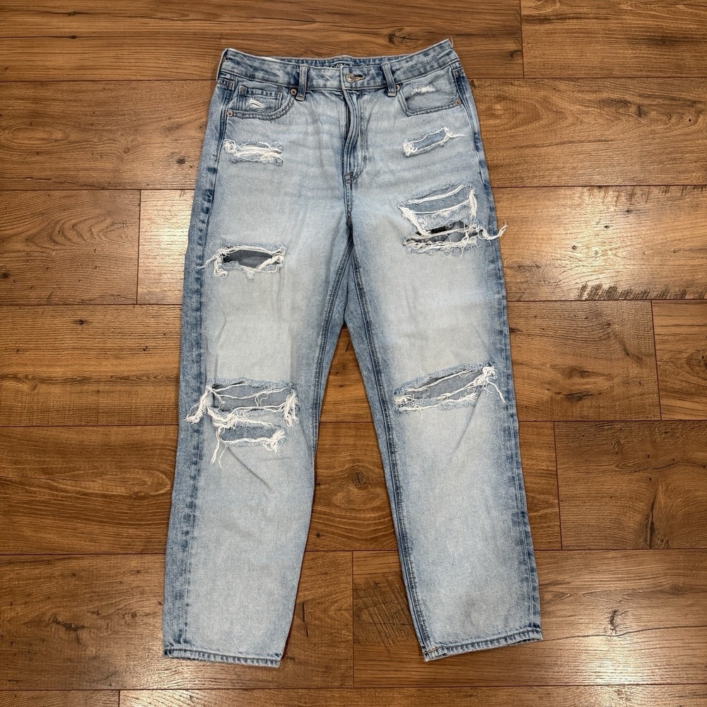 American Eagle Womens Distressed Mom Jeans Straight Blue Denim‎ Sz 8